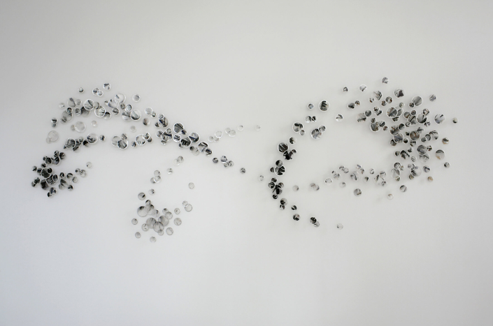 Alan Bur Johnson - Murmuration 11:39:21 (SOLD), 2014, 248 photographic transparencies, metal frames, dissection pins, 34 by 88 by 2 inches