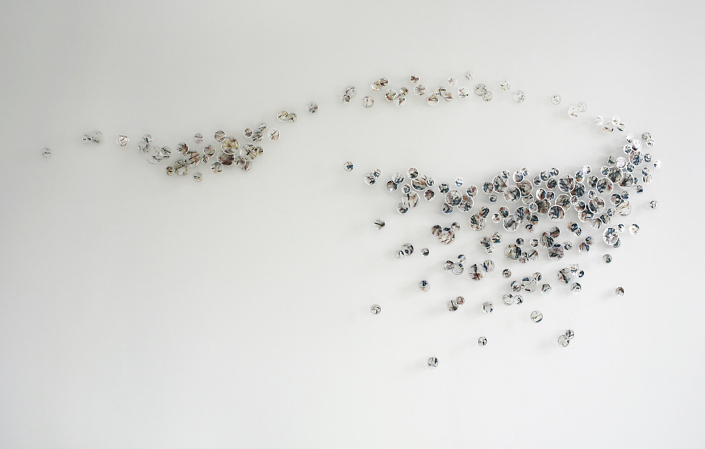 Alan Bur Johnson - Murmuration 18:49:02 (SOLD), 2012, 194 photographic transparencies, metal frames, dissection pins, 37.5 by 78.5 by 2 inches. Please contact the gallery for possible commission details.