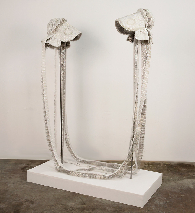 Angela Ellsworth - Seer Bonnet XXIV (Sister Sarah) and Seer Bonnet XXV (Sister Maria) (SOLD), 2016, 33,407 pearl corsage pins, fabric, steel, 65 by 48 by 24 inches