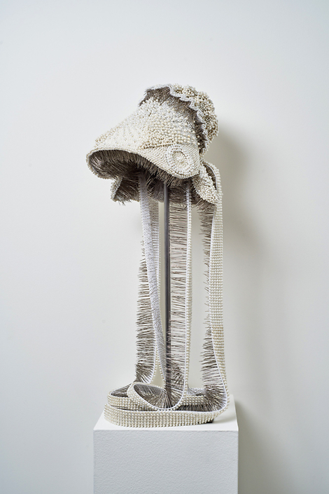 Angela Ellsworth - Seer Bonnet: Diana (Age 17) (SOLD), 2016-2018, 18,960 pearl corsage pins, fabric, steel, 30 by 11.5 by 13 inches