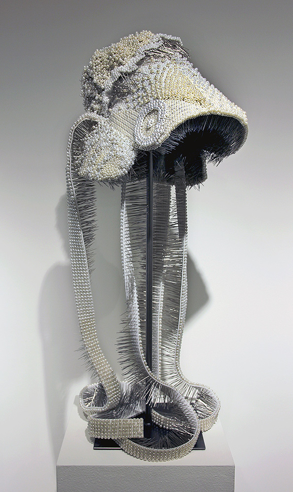 Angela Ellsworth - Seer Bonnet: Diana (Age 17), 2016-2018, 18,960 pearl corsage pins, fabric, steel, 30 by 11.5 by 13 inches