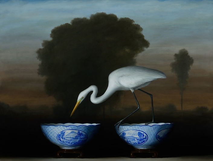 David Kroll - Egret and Blue Bowls (SOLD), 2017, oil on linen, 38 by 50 inches