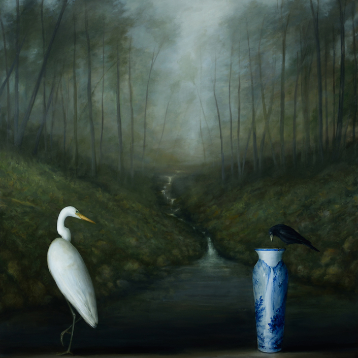 David Kroll - Woodland Landscape (Egret and Crow) (SOLD), 2020, oil on linen, 58 by 58 inches