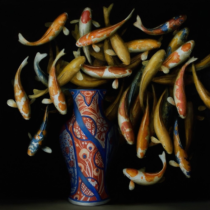 David Kroll - Koi and Red and Blue Vase, 2017, oil on linen, 40 by 40 inches