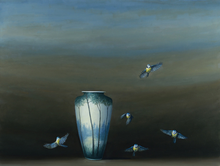David Kroll - Landscape (Vase and Five Birds) (SOLD), 2022, oil on linen 38” x 50”
