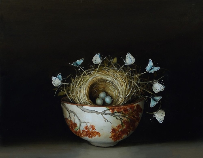 David Kroll - Nest and Butterflies (SOLD), 2017, oil on panel,, 11 by 14 inches