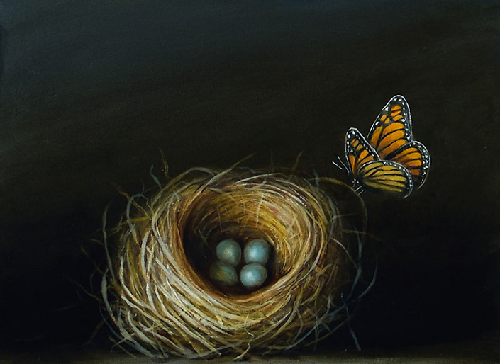 David Kroll - Nest and Monarch (SOLD), 2017, oil on treated paper, 8.5 by 11.5 inches (image size), 10 by 13 inches (paper size)