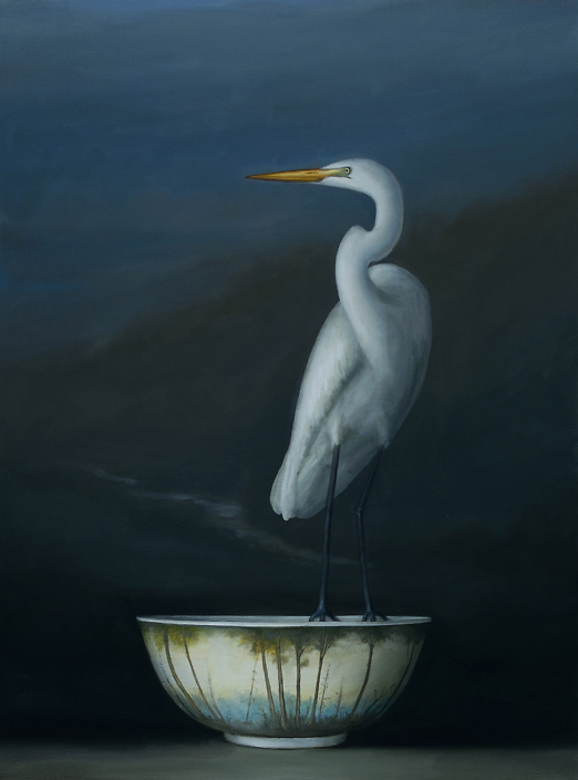 David Kroll - Nocturne (Egret and Landscape Bowl), 2022, oil on linen 39” x 29”
