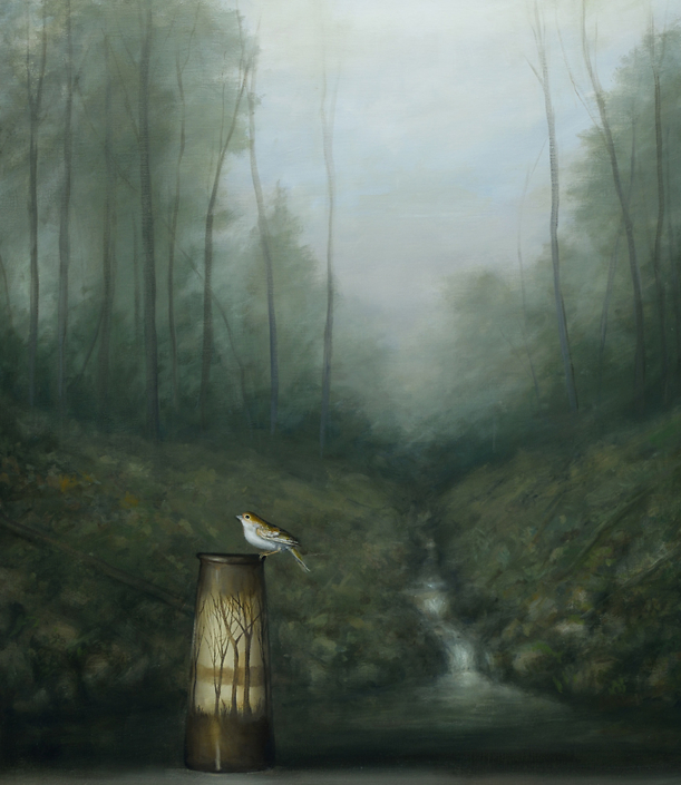 David Kroll - Woodland Landscape (Sparrow and Vase)(SOLD), 2020, oil on linen, 32 by 28 inches