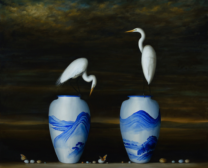 David Kroll - Two Vases and Egrets (SOLD), 2015, oil on linen, 60 by 74 inches