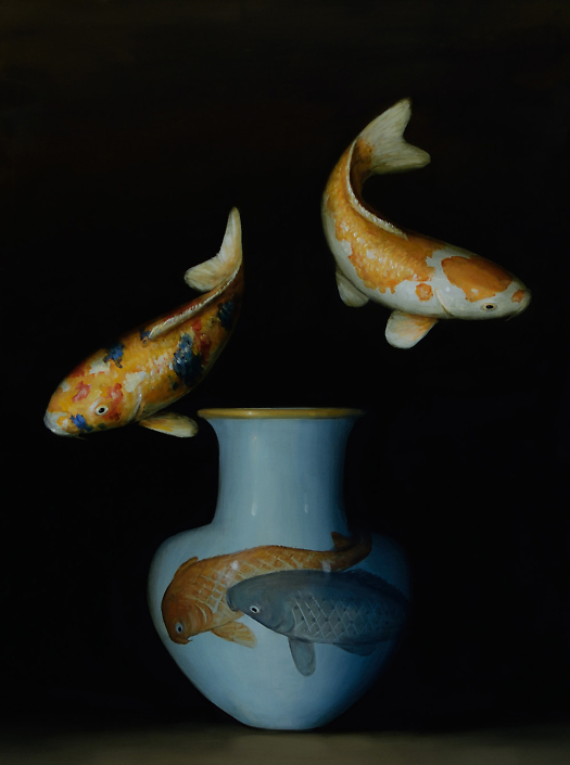 David Kroll - Two Koi (Two Koi) (SOLD), 2017, oil on panel, 24 by 18 inches