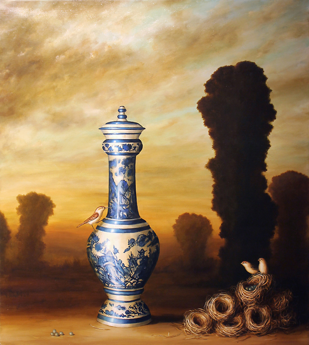 David Kroll - Vase and Nest (two birds), 2001, oil on linen, 40 x 36 inches