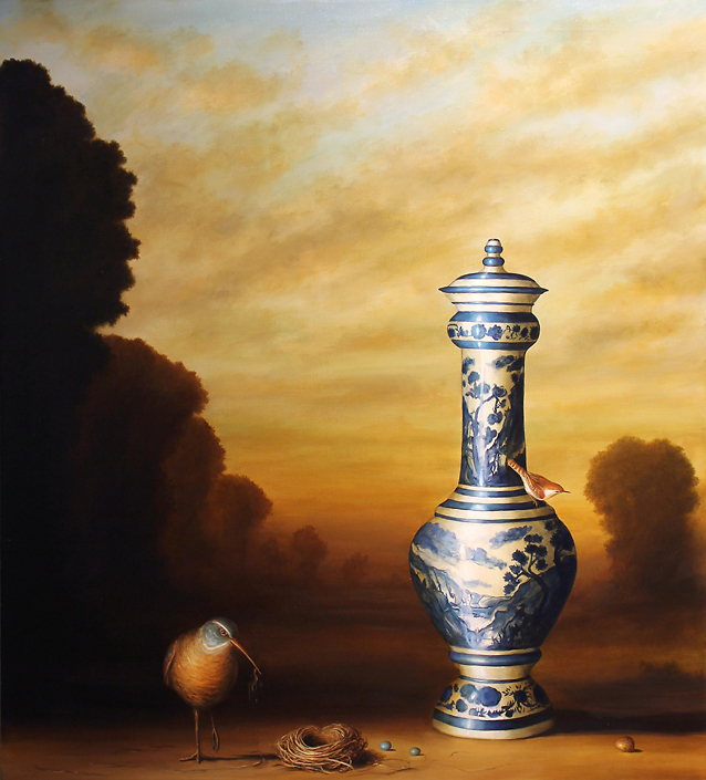 David Kroll - Vase and Nests (three birds), 2001, oil on linen, 40 x 36 inches