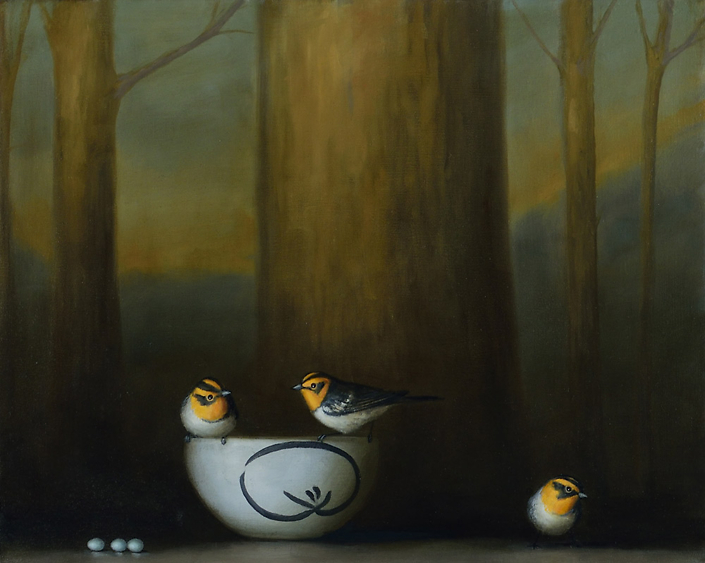 David Kroll - Woodland Landscape (Three Warblers), 2022, oil on linen covered panel, 16” x 20"