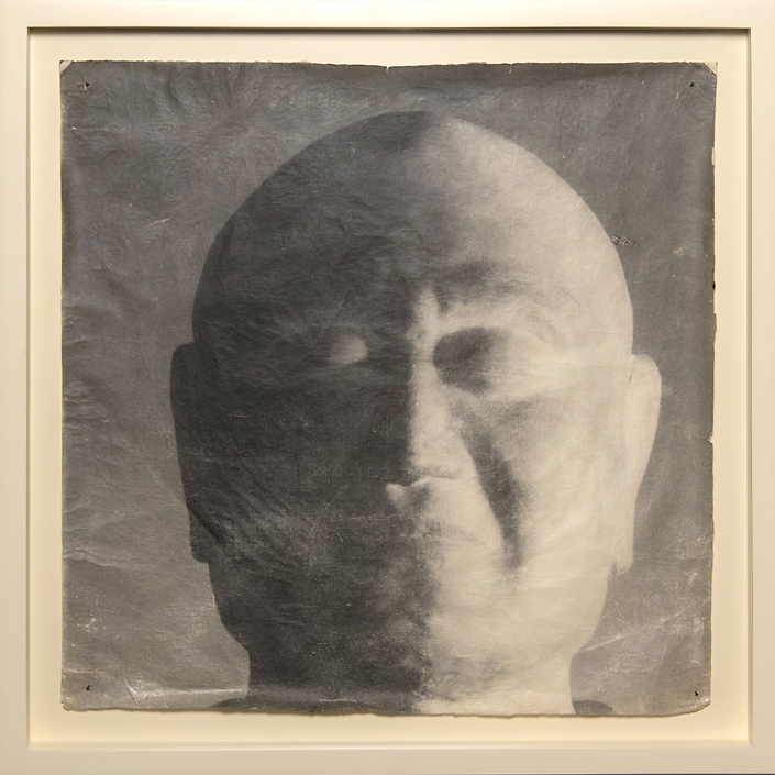 Mike & Doug Starn - Ganjin Head, 2000-2003, tea stained sulfur toned silver print on Thai mulberry paper, 27.75 by 27.75 inches framed