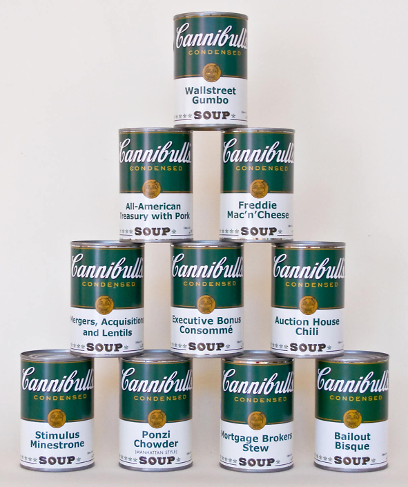 Enrique Chagoya - Pyramid Scheme, 2009, archival pigment print on ten cans with silkscreened box, variable, box size 4.75 by 16.25 by 6.5 inches, edition of 40
