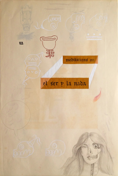 Enrique Chagoya - Ghostly Meditations (meditations on el ser y la nada), 2012, acrylic and India ink on de-acidified 19th century paper (facing pages of etchings from a 19th century book), 18.75 by 13.75 inches