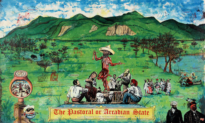Enrique Chagoya - The Pastoral or Arcadian State, Illegal Alien's Guide to Greater America, 2006, color lithograph, 24 by 39 inches