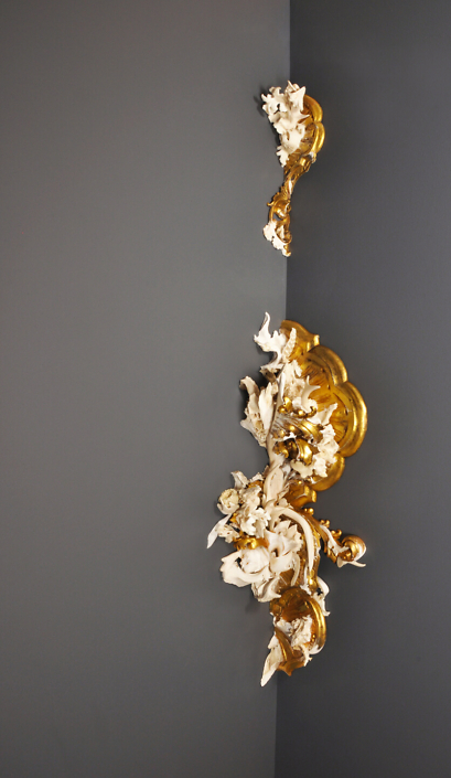 Jennifer Trask - Effloresce (SOLD), 2013, bone, antler, teeth, gesso, quartz, found 18th and 19th century wall sconces, 57 inches tall