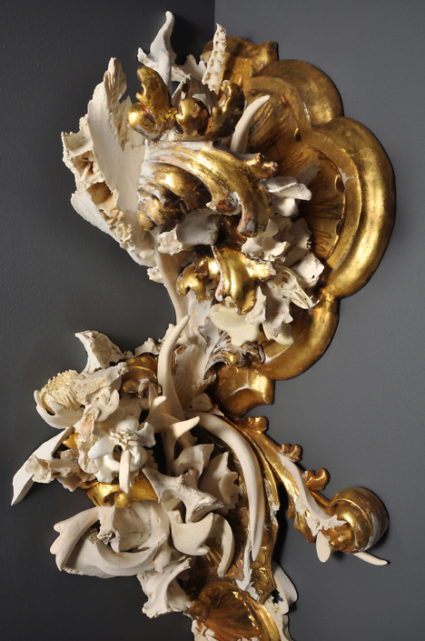 Jennifer Trask - Effloresce (detail) (SOLD), 2013, bone, antler, teeth, gesso, quartz, found 18th and 19th century wall sconces, 57 inches tall