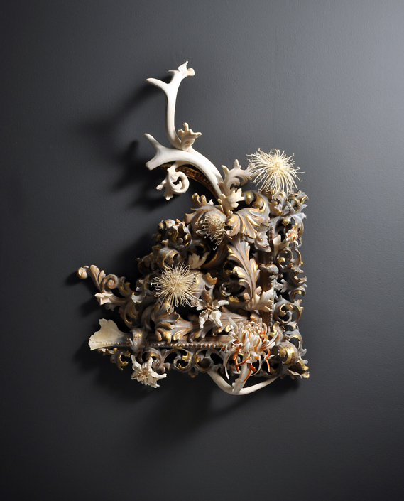 Jennifer Trask - Undergrowth, 2012, found frame fragments (from 4 pieces), 18th and 19th century, painted gilt, carved antler, bones and teeth (various), 25 by 20 by 8 inches
