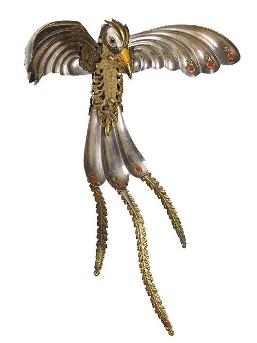 Jessica Joslin - Cadmus, 2017, antique hardware and findings, brass, silver, bone, glove leather, glass eyes, 20 by 12 by 8 inches