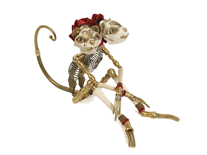 Jessica Joslin - Dante and Diego, 2014, antique hardware and findings, brass, bone, satin, silver, velvet, glove leather, glass eyes, 9 by 7 by 14 inches