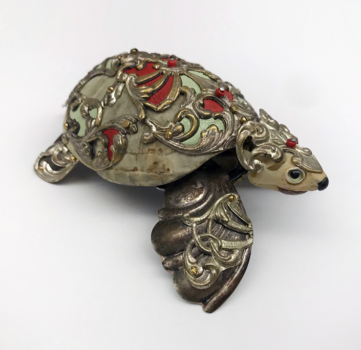 Jessica Joslin - Percival, 2018, antique hardware and findings, bone, turtle shell, glove leather, glass eyes, 4.5 by 3 by 1.75 inches