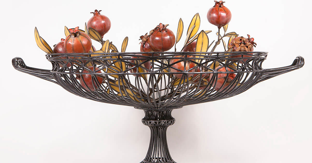 Kim Cridler - Basin with Pomegranates (SOLD), 2016, steel, bronze, bees wax, garnets, 24 by 36 by 29 inches