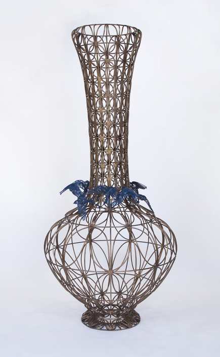 Kim Cridler - Bottle with Blue Birds, 2014, bronze, steel, 72 by 33 by 33 inches