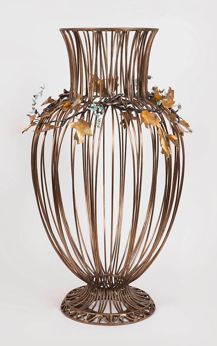 Kim Cridler - Jar with Oak (SOLD), 2016, bronze, steel, nickel, silver, butterfly wing, 32 by 21 by 21 inches
