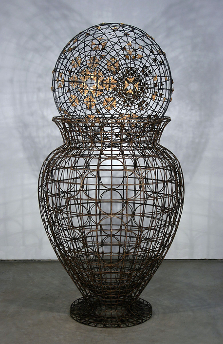 Kim Cridler - Urn with Bees (SOLD), 2015, steel, bronze, 70 by 35 inches
