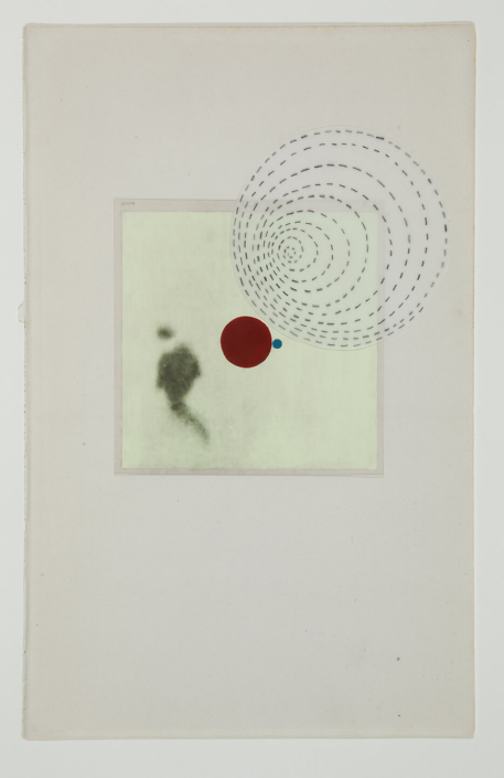 Marie Navarre - Everything speaks, 2012, found and de-acidified book page, rag paper, mylar and graphite, film positive, gouache, silk thread, 10 by 6 inches