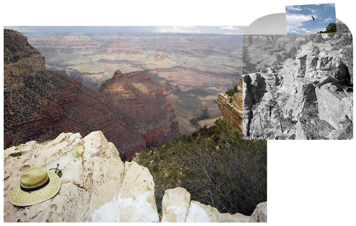 Mark Klett with Byron Wolfe - View from the south rim of the Grand Canyon with Thomas Moran and California Condor number 302, 2008, digital inkjet print, 24 by 24 inches