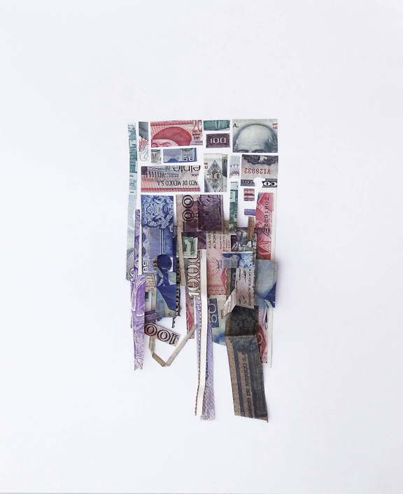 Máximo González - Devaluacion (Devaluation), 2014, collage: out-of-circulation currency, 18 by 15 inches framed