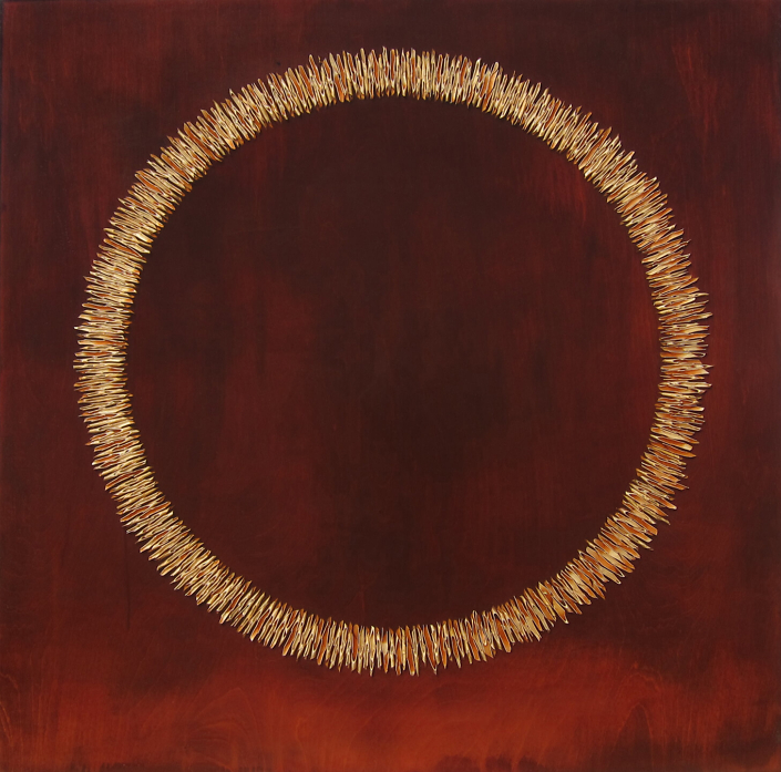 Mayme Kratz - Circle Dream 36 (SOLD), 2012, resin and paradise seeds on board, 36 by 36 inches