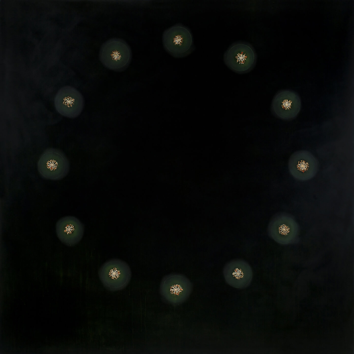 Mayme Kratz - Sometimes the Darkness (SOLD), 2013, resin and magnolia cross sections on panel, 60 by 60 inches