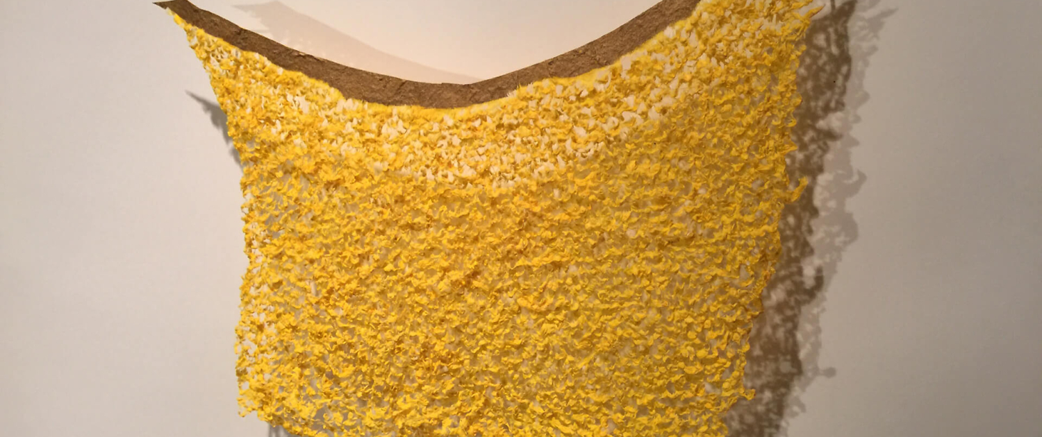 Neha Vedpathak - Crescent, 2014, plucked Japanese handmade paper, Japanese gold pigment, 17 by 14 inches