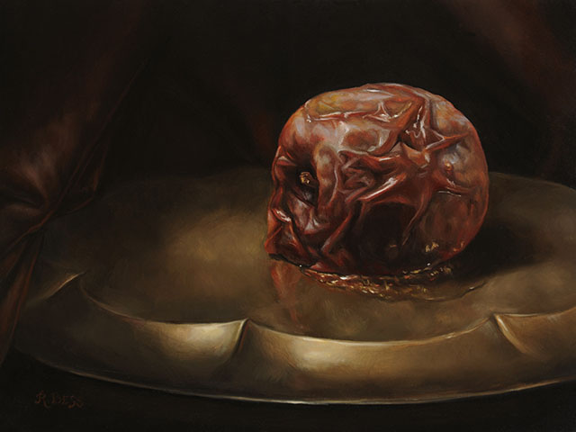 Rachel Bess - Rotting Apple, Supine, 2015, oil on panel, 6 by 8 inches, 9.25 by 11.25 inches framed