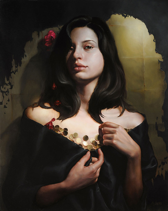 Rachel Bess - Peeling Off the Darkness, 2015, oil on panel, 18 by 14.5 inches painting, 25.25 by 22 framed
