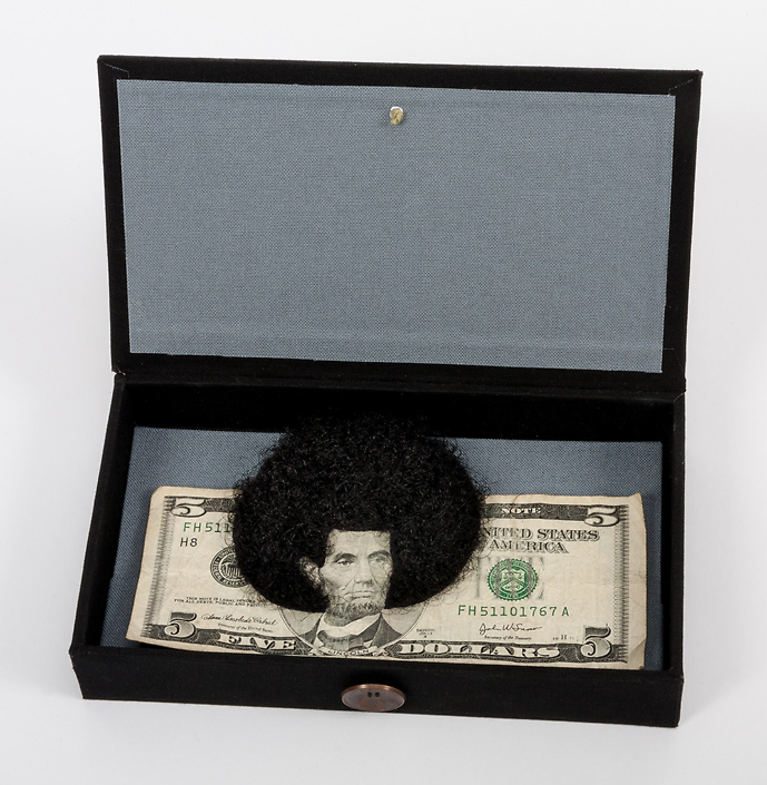 Sonya Clark - Afro Abe with Human Hair (SOLD), 2012, five dollar bill and artist's hair, handmade box, 3.5 by 6.125 inches, box dimensions: 4 by 7 by 1.25 inches