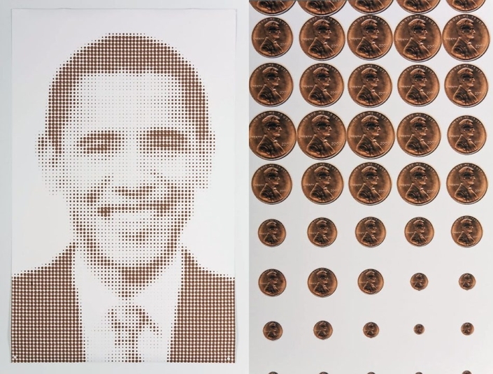 Sonya Clark - Obama and Lincoln (Penny Portrait) (with detail on right), 2011, inkjet print, 67 by 42 inches