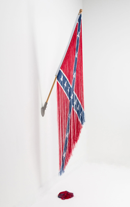 Sonya Clark - Unraveled Persistence, 2016, deconstructed nylon Confederate Battle Flag threads, flag pole, 104 by 24 by 8 inches