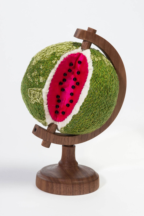 Sonya Clark - Watermelon World (SOLD), 2014, wood, cotton, embroidery, pins, 7 by 5 by 5 inches