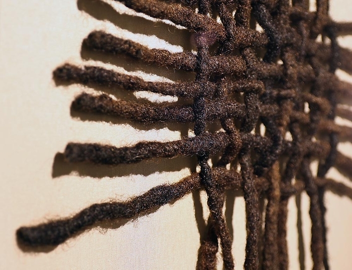 Sonya Clark - Hair Weave (detail), 2019, human hair, 16.75" x 18" x 1.75" framed