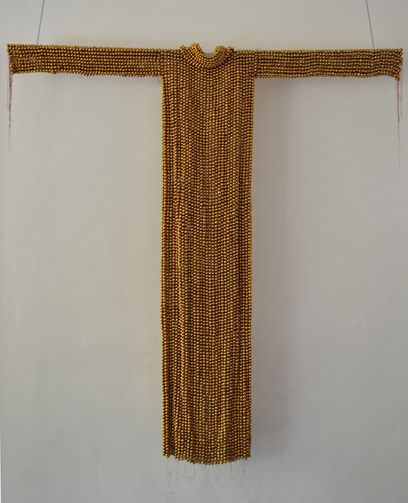 Xawery Wolski - Gold Dress I, 2015, terracotta, gold glaze, 67 by 60 by 3 inches