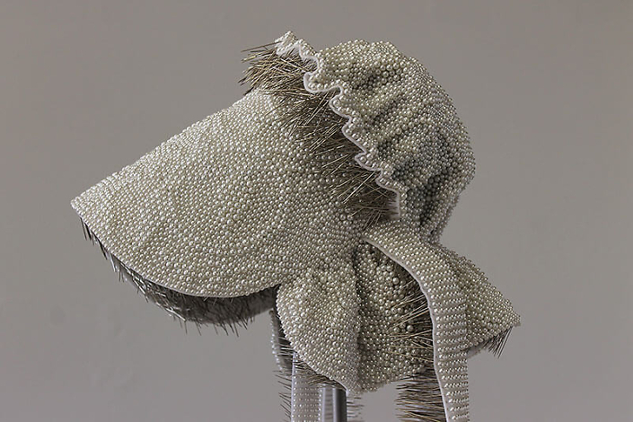 Angela Ellsworth - Seer Bonnet XXVIIII (Rhoda) (detail) (SOLD), 2015-2016, 19,136 pearl corsage pins, fabric, steel, 30 by 13 by 14 inches