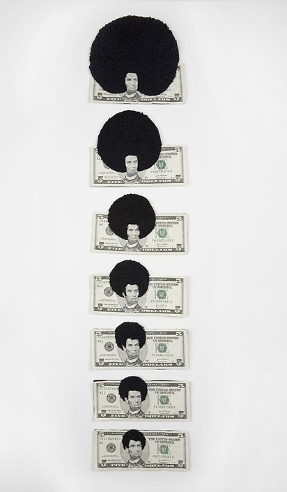 Sonya Clark - Afro Abe Progression (SOLD), 2008, five dollar bills, thread, 36.5 by 12.5 inches framed