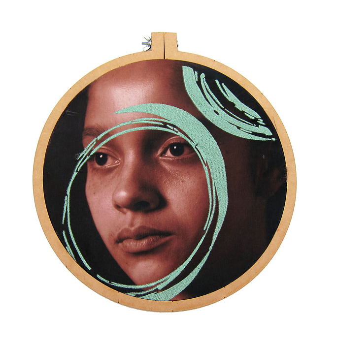 Luis González Palma - Mobius, 2016, photograph printed on taffeta, thread, wooden embroidery hoop, 12.5 inch diameter