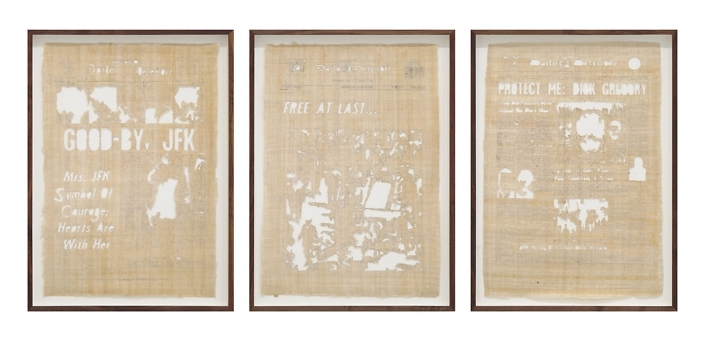 Jamal Cyrus - Kennedy King Kennedy, 2015, laser-cut Egyptian papyrus backed with handmade paper, 3 at 27 by 16.75 inches each framed